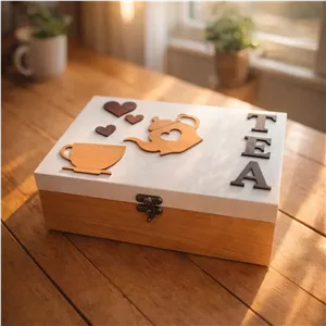 جعبه چوبی تی‌بگ چای دکوراتیو | باکس نگهداری چای و دمنوش مدل طرح چای‌خوری