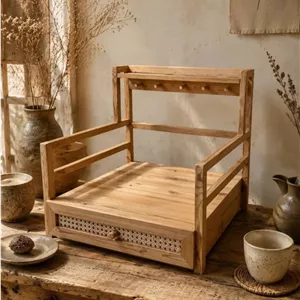 کافی‌بار رومیزی تمام چوب – استند ارگانایزر با کشوی حصیری و آویز ماگ