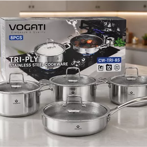 سرویس قابلمه استیل لیزری سه‌لایه ووگاتی اصلی  سایز بزرگ ۸ پارچه مدل CW-TRI-8S | استیل ضدزنگ 304 با درب پیرکس