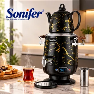 سماور برقی سونیفر مدل SF-2137 طرح ماربل مشکی طلایی با قوری سرامیکی ۱ لیتری