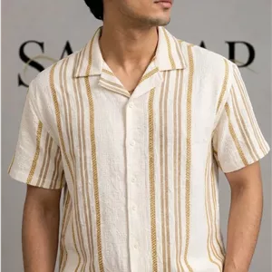پیراهن آستین کوتاه مردانه پارچه کنفی برند ZARA Regular Fit یقه کوبایی