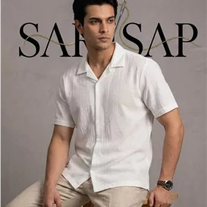 پیراهن آستین کوتاه کنفی ZARA یقه کوبایی رنگ سفید بافت‌دار
