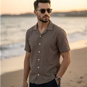 پیراهن آستین کوتاه کنفی ZARA یقه کوبایی رنگ قهوه‌ای سنگی