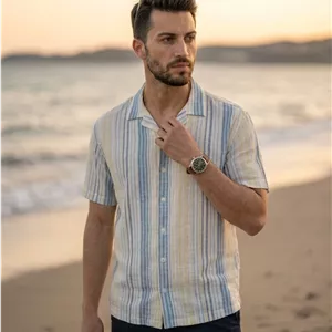 پیراهن آستین کوتاه کنفی ZARA یقه کوبایی طرح راه‌راه رنگی (آبی و زرد)