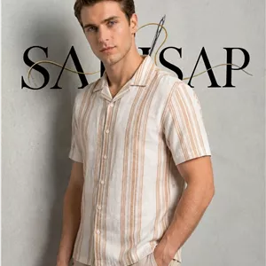 پیراهن آستین کوتاه کنفی ZARA یقه کوبایی طرح راه‌راه قهوه‌ای و کرم