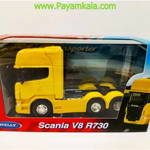ماکت تریلی اسکانیا (SCANIA V8 R730) سایز 1:64 ساخت WELLY  رنگ زرد