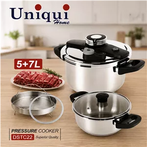 زودپز دوقلو استیل یونیکی هوم Uniqui Home مدل DSTC22 ظرفیت ۵ و ۷ لیتر همراه سبد بخارپز و درب شیشه‌ای