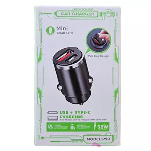 شارژر فندکی 38 وات 2 پورت فست شارژ مدل P90 تایپ‌ سی و یو اس‌ بی