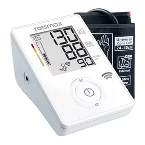 فشارسنج بازویی رزمکس مدل CF175F با اعلام صوتی فارسی، حافظه 90 نتیجه، تشخیص حرکت، آشکارساز ضربان نامنظم قلب، میانگین‌گیری 3 نتیجه آخر و درجه‌بندی ریسک فشار خون،به همراه آداپتور