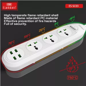 چند راهی برق ارلدام مدل ES-SC03 با کابل ۲ متری و ۴ پورت USB