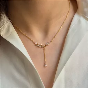 گردنبند استیل زنانه طرح برگ زیتون و آویز اشک برند CM - کد 3031