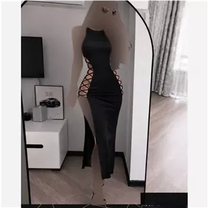 پیراهن ماکسی زنانه نوار دوزی شده جنس فانریپ پنبه کبریتی رنگ مشکی فری سایز