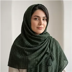 روسری نخی لنین منگوله دار دور دوخت قواره 140 سبز تیره