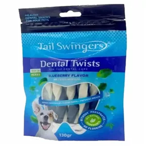 تشویقی سگ تیل سویینگرز مدل دنتال گرهی با طعم بلوبری Tail swingers Dental Twists وزن 130 گرم