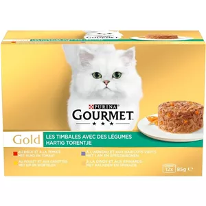 کنسرو گورمت گلد بافت کیک با سبزیجات در چهار طعم Purina Gourmet Gold Les Timbale Avec Des Legumes Hartig Torentje بسته 24 عددی