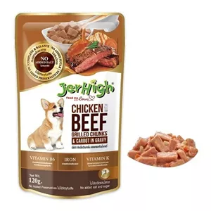 پوچ سگ جرهای مدل چانک در سس با طعم مرغ و گوشت کبابی Jerhigh Dog Pouch With Grilled Chicken & Beef وزن 120 گرم