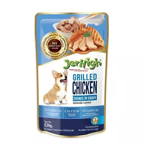 پوچ سگ با طعم مرغ و گوشت گریل شده جرهای JerHigh Grilled Chicken Chunks In Gravy وزن 120 گرم