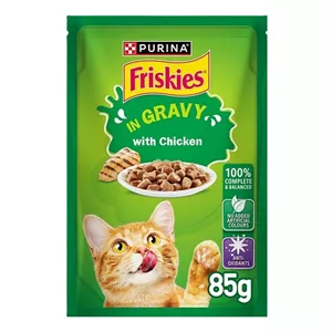 پوچ گربه فریسکیز پورینا برای گربه های بالغ با طعم مرغ در سس Purina friskies with chicken in gravy وزن 85 گرم