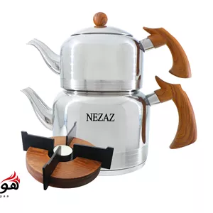 کتری و قوری نزاز لوله دار استیل 2.5 لیتر دسته چوبی کد 2305 کف چدن با وارمر هومیا