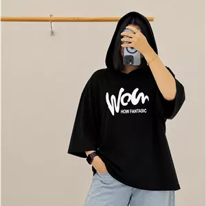 تیشرت کلاهدار باکسی سوپر پنبه چاپ پفکی Wow
