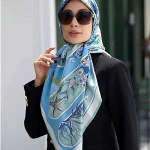 روسری ابریشم توییل وارداتی سایز ۱۱۰ طرح اقیانوس آبی
