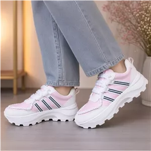 کتونی لژدار زنانه مدل فشن رنگ سفید صورتی زیره پمپی سایز 37 تا 40