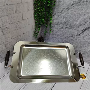 سینی استیل پذیرایی بزرگ دسته طرح چوب