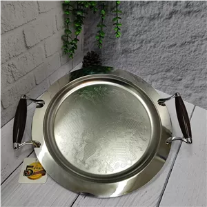 سینی استیل پذیرایی گرد دسته طرح چوب