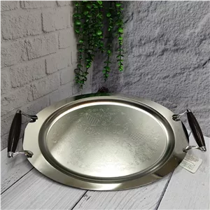 سینی استیل پذیرایی بیضی دسته طرح چوب