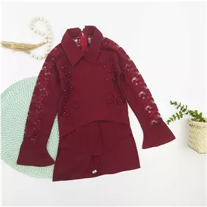 شومیز مجلسی دخترانه حریر سرشانه گیپور یقه مردانه آستین کلوش پشت بلند