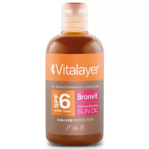 روغن آفتاب اکلیلی صورت و بدن ویتالیر  مدل bronvit glowing bronzing حجم 250 میلی‌لیتر، محافظت همزمان در برابر UVA/UVB با SPF 6 و حاوی ویتامین A، غیر کمدون‌زا و مناسب انواع پوست