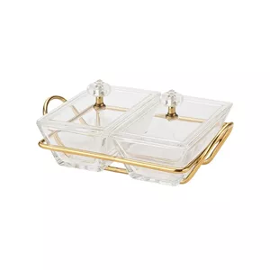 اردوخوری 2 خانه لیمون مدل FIDOKA-2103 با پایه فلزی، بدنه شیشه‌ای، درب آکرولیک، مناسب سرو پنیر، آجیل، شکلات و شیرینی، قابل شست‌وشو با دست و ماشین ظرفشویی، طراحی مستطیلی همراه استند 