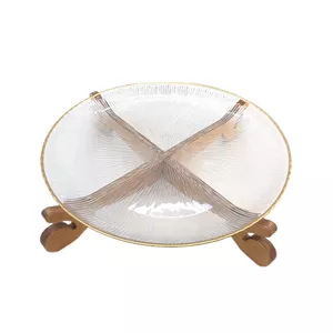 دیس برنج پایه‌دار شیشه‌ای مدل سولو لب طلا 32×32 سانتی‌متر مقاوم در شست‌وشوی دست و ماشین ظرفشویی با پایه چوبی