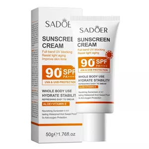 کرم ضد آفتاب بدون رنگ صورت و بدن سادور SPF 90 مدل آلوئه ورا ‌محافظ UVA ،UVB و PA  مناسب برای انواع پوست‌ وزن 50 گرم