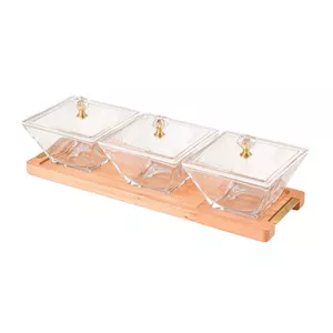 اردوخوری لیمون مدل FIDOKA-2242، با 3 خانه مربع شیشه‌ای، در اکریلیک و پایه چوبی، مناسب سرو پنیر، ابعاد 32×10×9، قابل شستشو با دست و ماشین ظرفشویی 