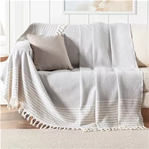 شال مبل و تخت مدل پنبه ترک طرح منگوله دار سایز 230x170 سانتی‌متر