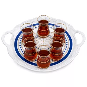 سینی گرد دسته‌دار طرح آبی و طلایی ملامین پذیرایی متوسط