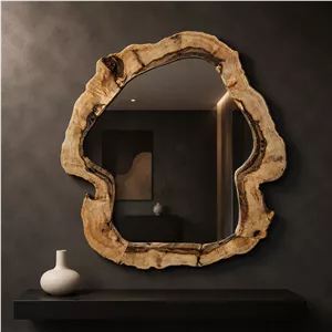آینه قدی دیواری بزرگ دست ساز چوبی 90×80| شیک مدرن پینترستی | قاب روستیک دفرمه چوب طبیعی گردو