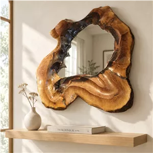 آینه دیواری بزرگ چوبی دست تراش دفرمه 70x75 سانت | چوب گردو کوهستان با پوشش ضدآب | دکوراتیو شیک و مجلل | تک‌نسخه و تکرارنشدنی