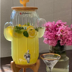 کلمن استوانه ای شیشه ای با پایه چوبی 3.5 لیتری طرح کاکتوس