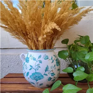 گلدان دو دسته پتینه قلم  آبی سبز شده ارتفاع 17 سانتیمتر