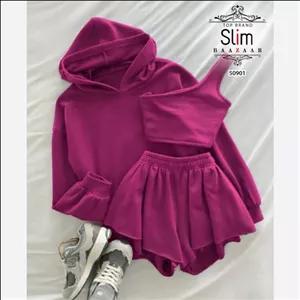 هودی زنانه و کراپ زنانه و شلوارک زنانه سه تیکه دورس داخل کرک