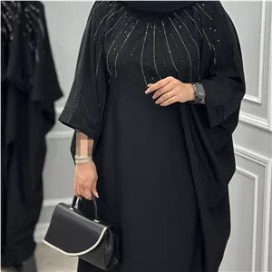 مانتو بلند مشکی عبایی مجلسی نگین دار خورشیدی با ارسال رایگان