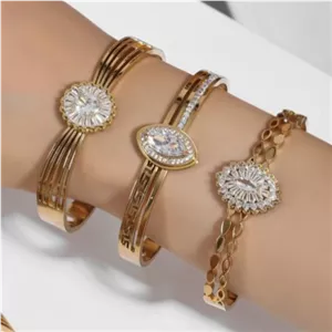 دستبند النگویی و بنگل استیل زنانه طرح چند رج نگین تنوع طرح رنگ ثابت کد tj (پس کرایه)