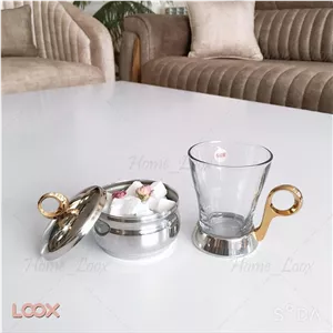 انگاره دسته حلقه دو رنگ استیل براق همراه قندان استیل حلقه نگین