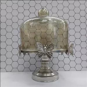 کاپ کیک پایه دار فلز و شیشه طرح پروانه مناسب انواع کیک و شیرینی رنگ سیلور 