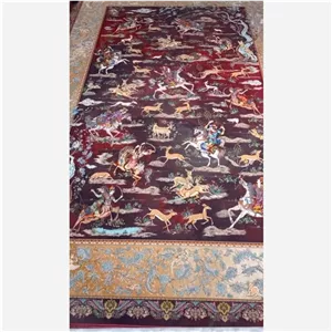 فرش1250شانه ابریشم گونه تراکم 3750طرح شکارگاه لاکی