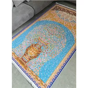 خرید فرش چاپی هازان ترک طرح گلدان آبی فیروزه ای کد A019