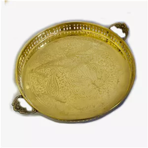 سینی دایره دسته دار لبه دار طرح طاووس برنجی