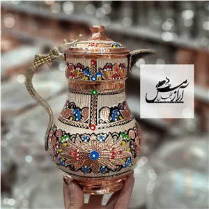 پارچ مسی نقره کوب الماس تراش میناکاری درب دار